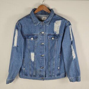 Love Tree Distressed Blue Denim Jacket Women's Size L Ripped Casual Button-Up